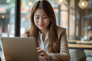 Poster - Woman working laptop table cafe