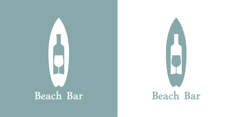 Sticker - Logo Beach Bar. Silueta de copa y botella de vino en tabla de surf en espacio negativo