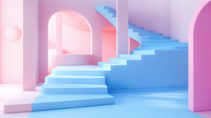 3d render, blue pink stairs, steps, abstract background in pastel colors, fashion podium, minimal scene, primitive architectural blocks, design element
