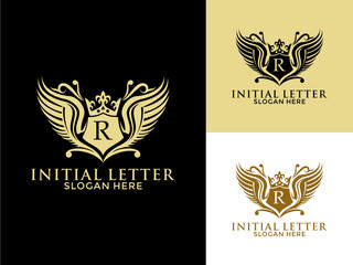Wall Mural - Luxury royal wing Letter R Logo vector, Luxury wing crown emblem alphabets logo design template