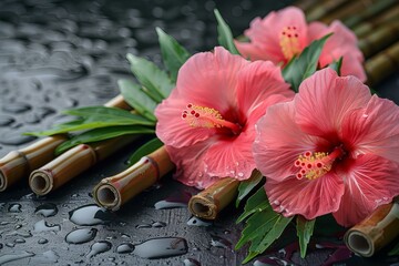 Canvas Print - Three pink flowers table bamboo sticks