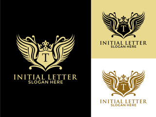 Wall Mural - Luxury royal wing Letter T Logo vector, Luxury wing crown emblem alphabets logo design template
