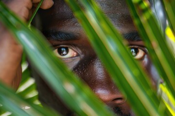 Poster - Close-up of a person's face seen through leaves, perfect for nature or environmental themes