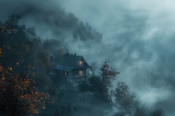 Poster - A house surrounded by fog in a forest. Suitable for nature and mystery themes
