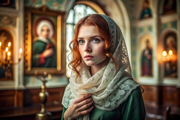 Wall Mural - Portrait of a beautiful young woman in a headscarf in an Orthodox church. A girl prays in a church against the background of icons.