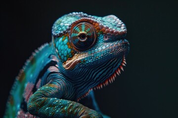 Poster - A detailed close up of a blue chameleon lizard. Suitable for nature and wildlife themes