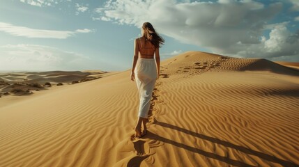 Aufkleber - A woman in a white dress walking across a desert. Suitable for travel and adventure themes