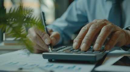 Poster - Close up of a person using a calculator, suitable for financial concepts