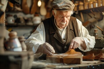 Wall Mural - A man focused on carving wood in a workshop. Suitable for woodworking or craftsmanship concepts