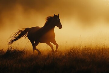 Poster - Majestic horse running through a field at sunset. Perfect for nature or animal themed designs