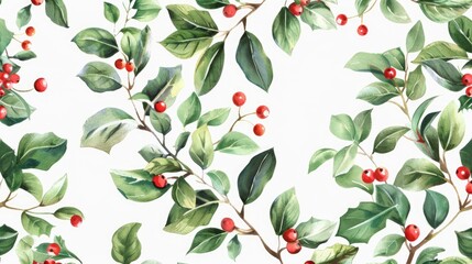Poster - Red berries and green leaves arranged in a pattern on a white background. Suitable for various design projects
