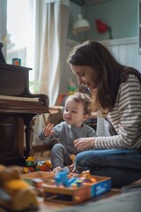 Sticker - A woman interacting with a child on the floor. Ideal for family and childcare concepts