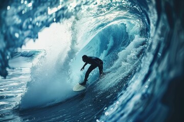 Sticker - A man riding a wave on top of a surfboard. Great for sports and summer vacation concepts