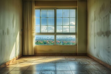 Poster - Urban landscape seen through room window, suitable for travel concepts