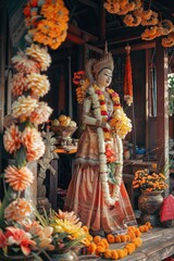Poster - A statue of a woman adorned with flowers, suitable for garden decorations or artistic concepts