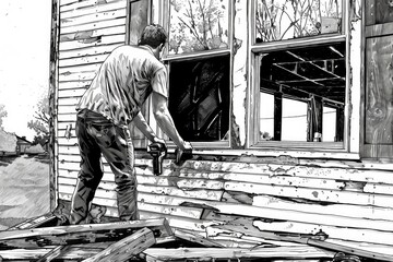 Poster - Detailed black and white drawing of a man working on a house. Suitable for architectural and construction concepts