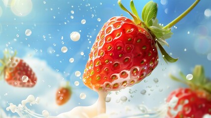 Wall Mural - Juicy Strawberry Splashing in Milk - Generative AI