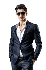 Poster - A man in a suit and sunglasses posing for a picture. Suitable for business and fashion concepts