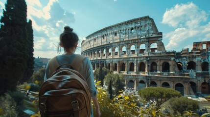 Poster - Woman with backpack looking at the colossion, perfect for travel blogs