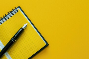 Poster - A pen and notebook placed on a bright yellow surface. Suitable for office or school themes