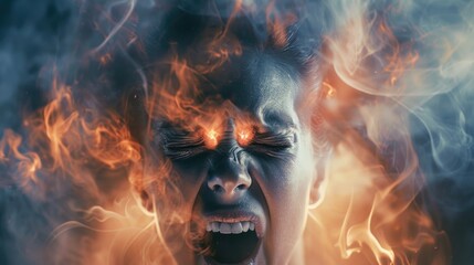 Poster - A woman with her eyes closed surrounded by flames. Suitable for concepts of danger and risk