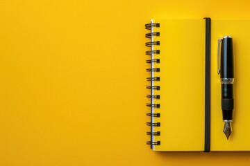 Poster - Yellow notebook with pen on top, useful for office and education concepts