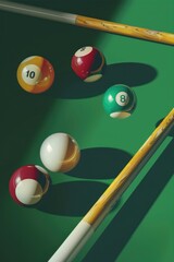 Poster - A pool table with several billiard balls and a cue. Suitable for sports and leisure concepts