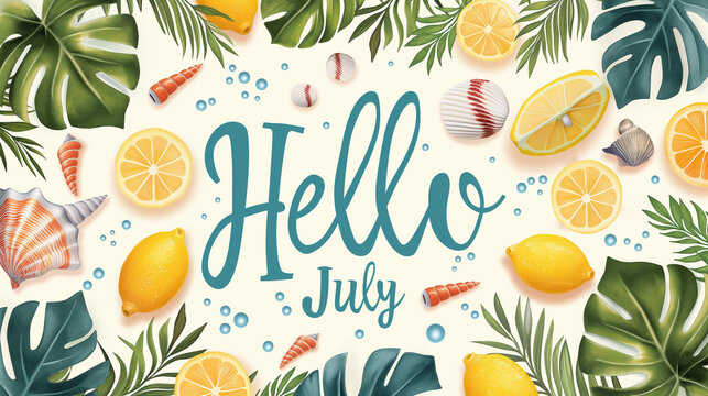 Background featuring summer elements like lemonade, seashells, and tropical leaves on the sides, in the center the text 