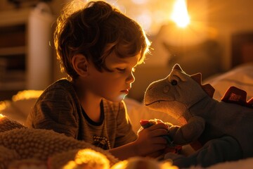 Aufkleber - A young boy lying on a bed with his favorite stuffed animal. Ideal for children's bedroom decor
