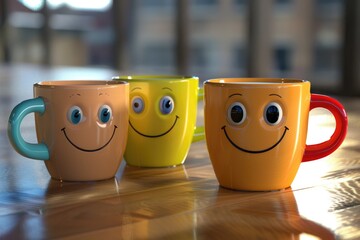 Aufkleber - Three coffee mugs with unique hand-painted faces, perfect for creative projects