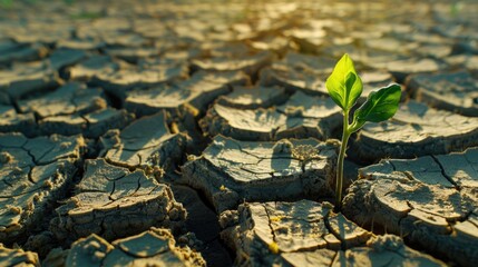 Aufkleber - A small plant emerging from cracked ground, suitable for environmental concepts
