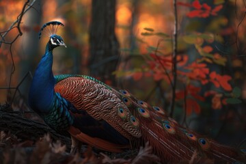 Wall Mural - A majestic peacock standing on top of a pile of leaves. Perfect for nature and wildlife themes