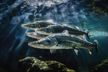 Poster - A group of fish swimming in the water. Ideal for aquatic themed designs