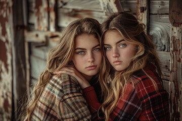 Poster - Two young women standing next to each other. Suitable for various concepts and themes