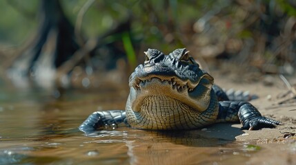 Poster - Close up of an alligator in the water, suitable for nature and wildlife themes