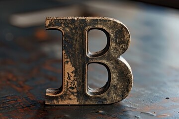 Poster - A close up of a metal letter B on a table. Suitable for educational and design purposes