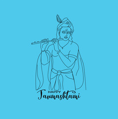 Happy Krishna Janmashtami Festival of India, Krishna line art illustration, Krishna playing flute