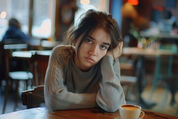 Poster - A woman sitting at a table with a cup of coffee. Suitable for coffee shop promotions