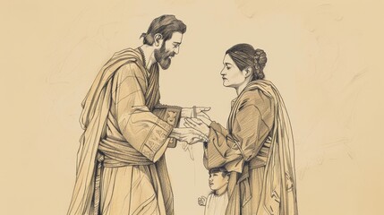 Biblical Illustration: Elisha's Miracle, Raising Shunammite Woman's Son, Grateful Mother, Beige Background, Copyspace