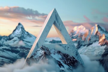 Poster - A geometric triangle shape set against a backdrop of majestic mountains. Ideal for illustrating concepts of harmony and balance