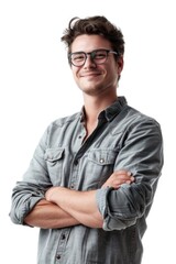 Poster - A man wearing glasses and a denim shirt, suitable for business and casual concepts