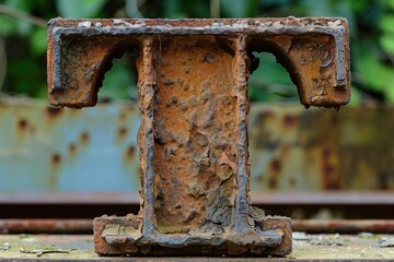 Poster - Rusted metal letter T on wooden surface, suitable for industrial themes