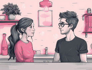 Wall Mural - a line art illustration showing a woman who is asking a question and a man is giving her the answer. pink and black and white. white background. simple lines and flat design in vector style. happy moo