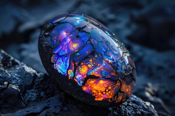 Poster - Unique black rock with vibrant blue and orange fire opalite, perfect for mystical and natural themed designs