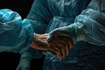 Poster - A person in a medical gown holding a hand. Suitable for medical and healthcare concepts