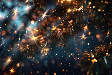 Poster - A festive close up of a Christmas tree with twinkling lights in the background. Perfect for holiday and winter themed designs