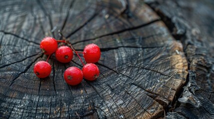 Wall Mural - Fresh red berries on a wooden stump, perfect for nature themes