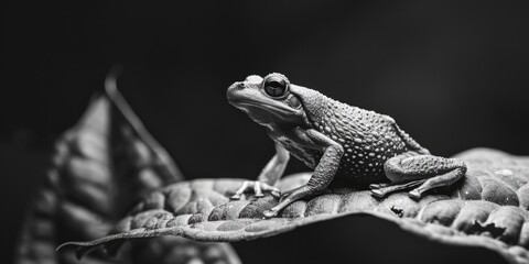 Poster - A frog perched on a green leaf. Suitable for nature and wildlife themes