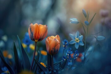 Poster - Two vibrant orange tulips stand out in a field of blue and yellow flowers. Perfect for spring themes and floral backgrounds