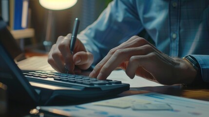 Poster - A man is using a calculator for calculations. Suitable for financial, business, or education concepts